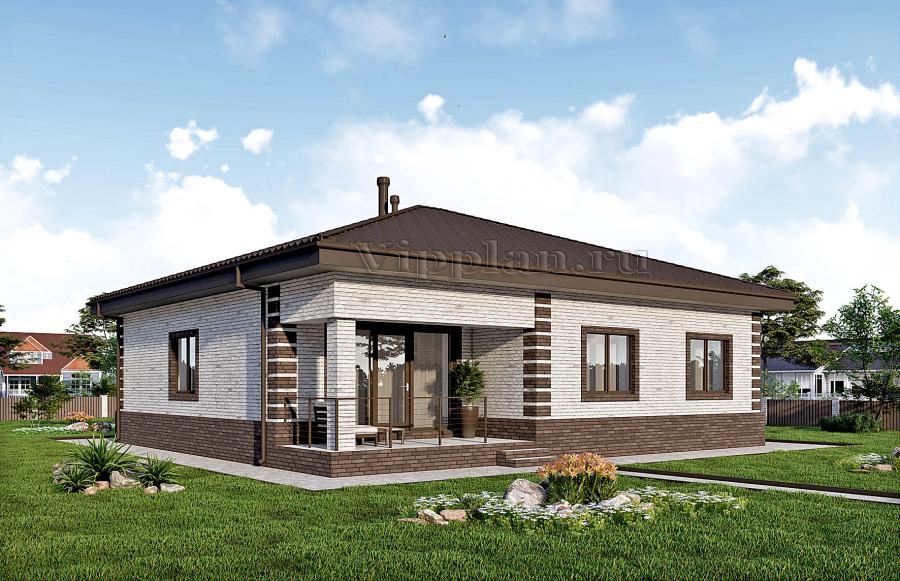 Одноэтажный дом с террасой, 3 спальнями и отделкой облицовочным кирпичом